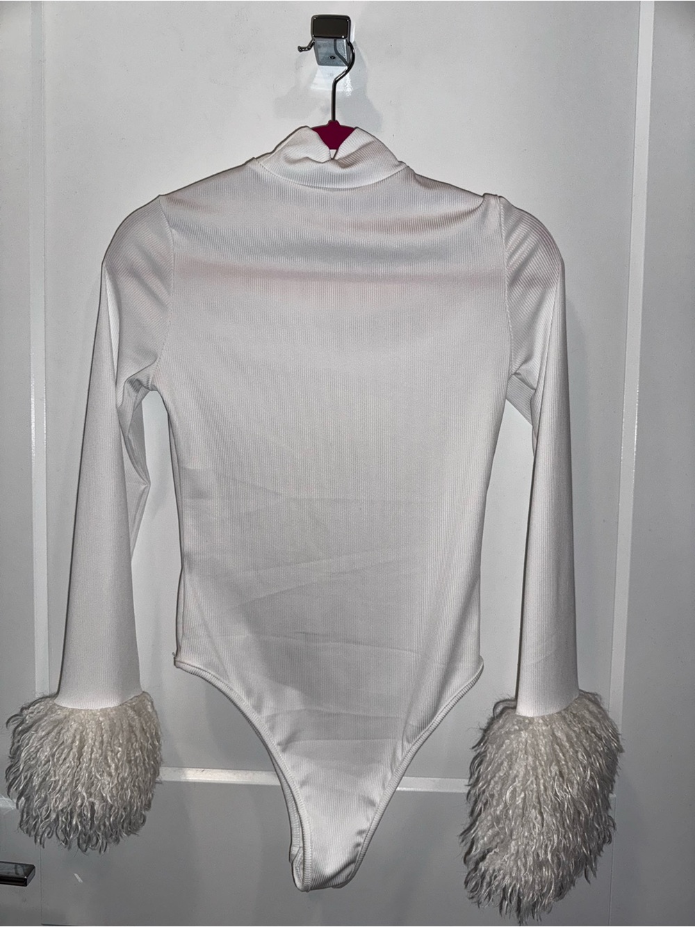SHEIN White Long Sleeve Bodysuit with Faux Fur Cuffs